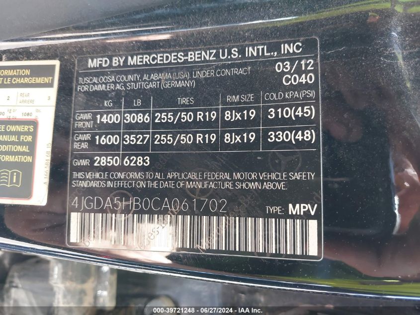 2012 Mercedes-Benz Ml 350 4Matic VIN: 4JGDA5HB0CA061702 Lot: 39721248