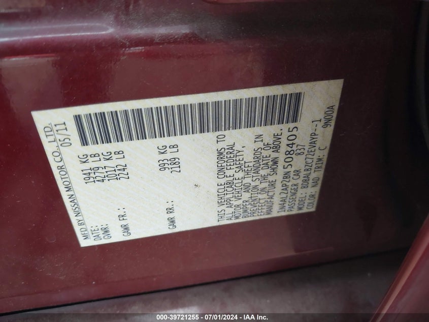 2011 Nissan Altima 2.5 S VIN: 1N4AL2AP2BN508405 Lot: 39721255