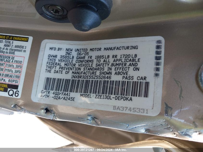 2005 Toyota Corolla Ce VIN: 1NXBR32E55Z552646 Lot: 39721267