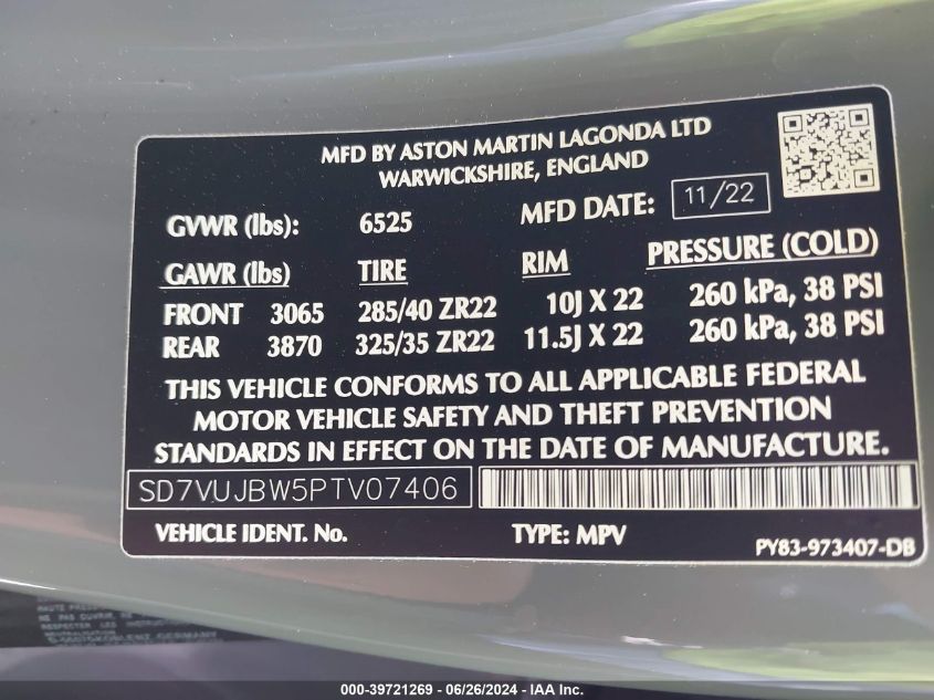 2023 Aston Martin Dbx 707 VIN: SD7VUJBW5PTV07406 Lot: 39721269