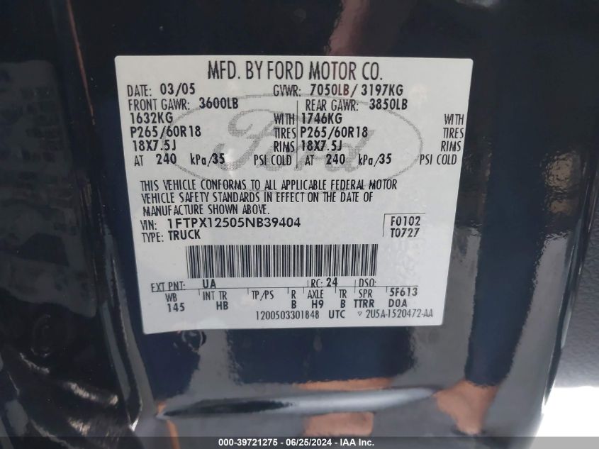 2005 Ford F150 VIN: 1FTPX12505NB39404 Lot: 39721275