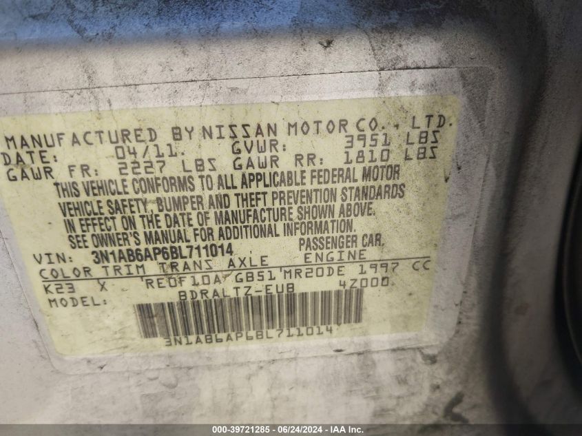 2011 Nissan Sentra 2.0S VIN: 3N1AB6AP6BL711014 Lot: 39721285
