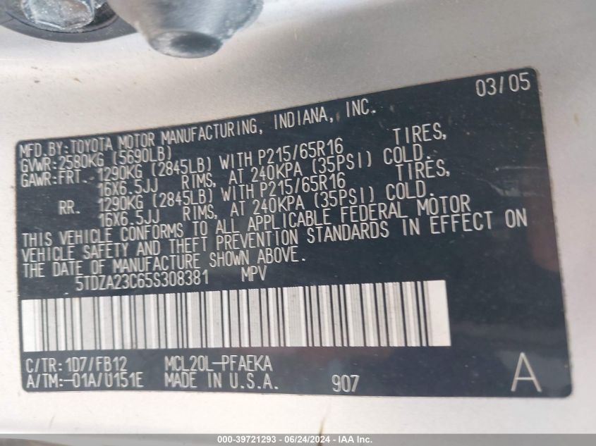 2005 Toyota Sienna Le VIN: 5TDZA23C65S308381 Lot: 39721293