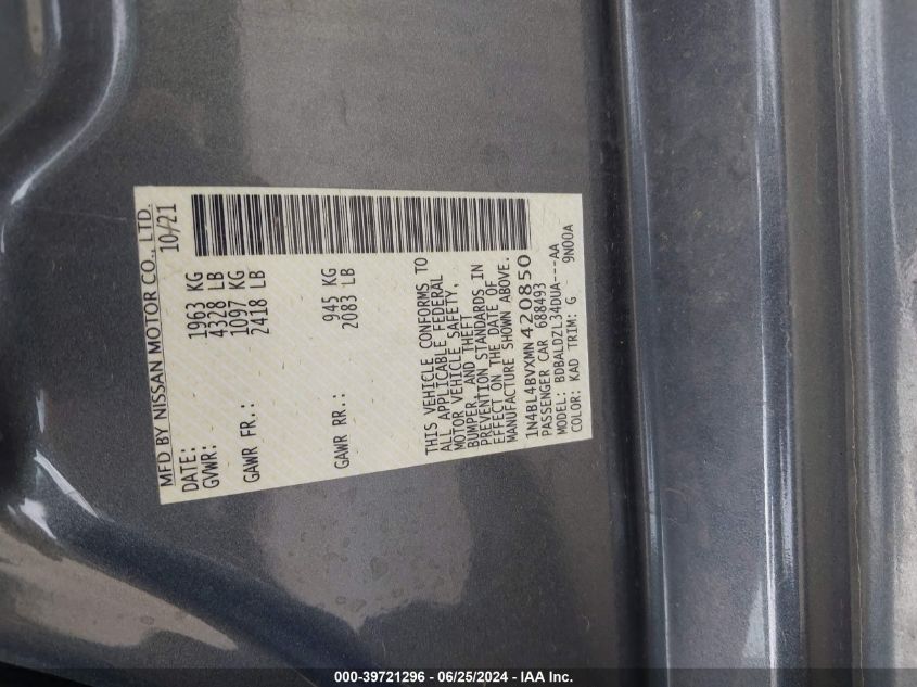 2021 Nissan Altima S VIN: 1N4BL4BVXMN420850 Lot: 39721296