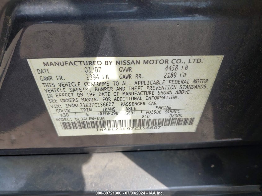2007 Nissan Altima 3.5 Sl VIN: 1N4BL21E97C156607 Lot: 39721300