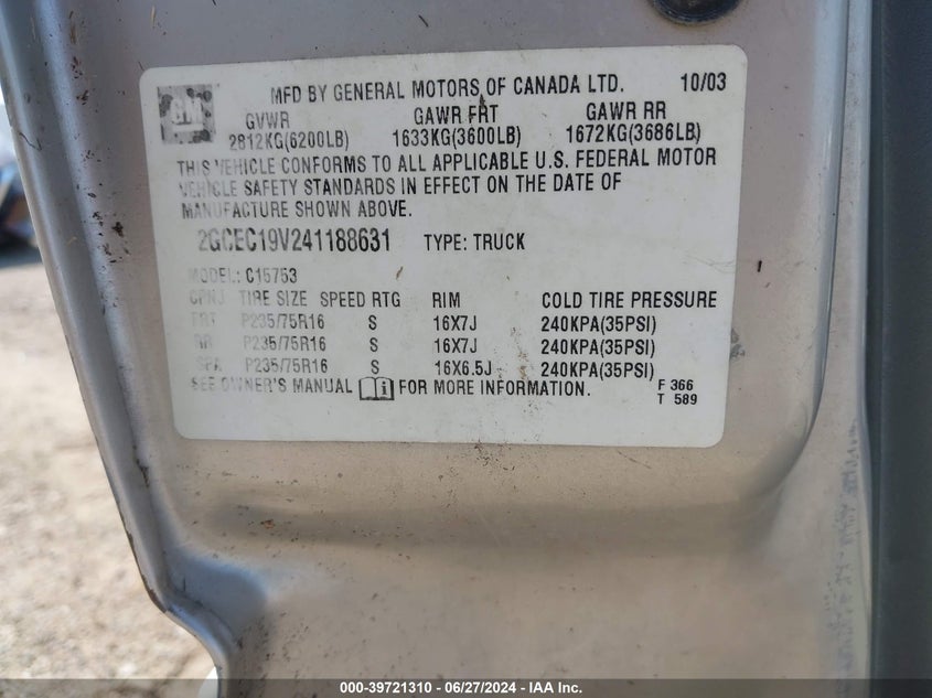 2004 Chevrolet Silverado 1500 Ls VIN: 2GCEC19V241188631 Lot: 39721310