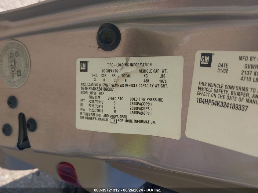 2002 Buick Lesabre Custom VIN: 1G4HP54K324189337 Lot: 39721312