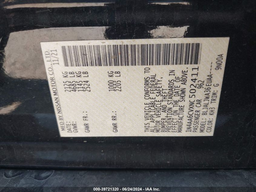 2022 Nissan Maxima Sv Xtronic Cvt VIN: 1N4AA6CVXNC502411 Lot: 39721320