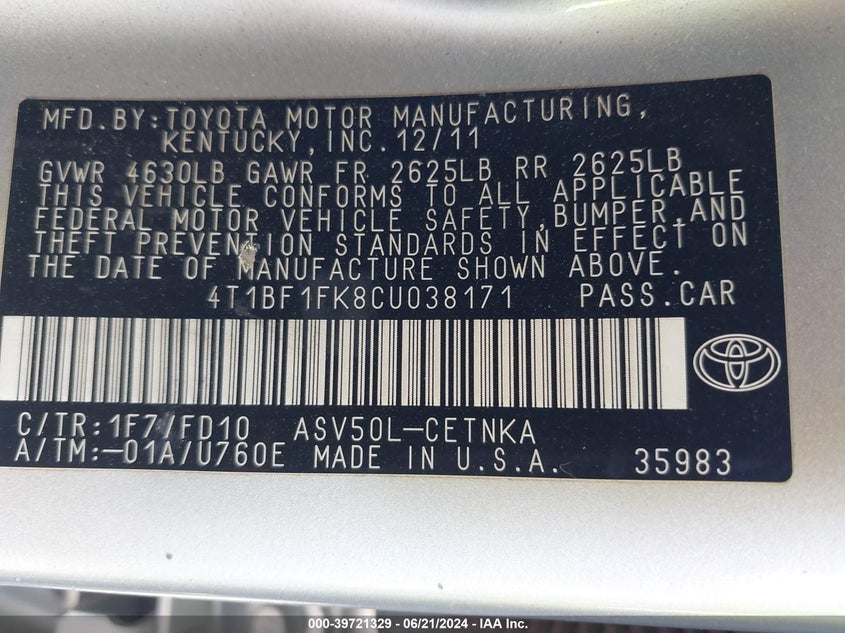 2012 Toyota Camry Le VIN: 4T1BF1FK8CU038171 Lot: 39721329