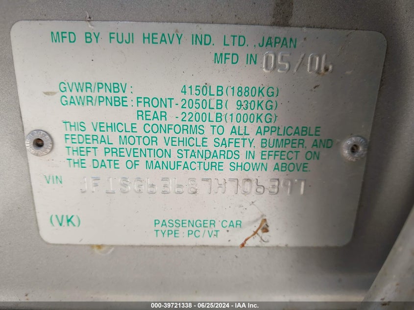 2007 Subaru Forester 2.5X VIN: JF1SG63687H706397 Lot: 39721338