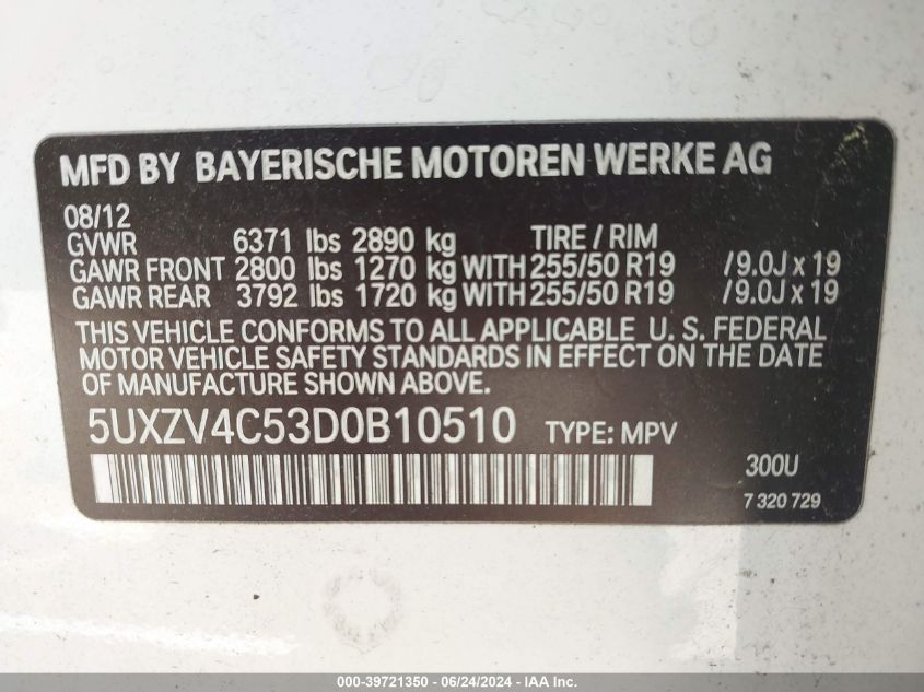 2013 BMW X5 xDrive35I/xDrive35I Premium/xDrive35I Sport Activity VIN: 5UXZV4C53D0B10510 Lot: 39721350