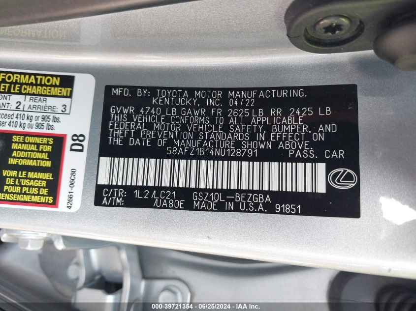 2022 Lexus Es 350 Ultra Luxury VIN: 58AFZ1B14NU128791 Lot: 39721354