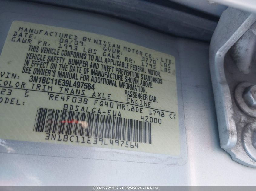 2009 Nissan Versa S/Sl VIN: 3N1BC11E39L497564 Lot: 39721357