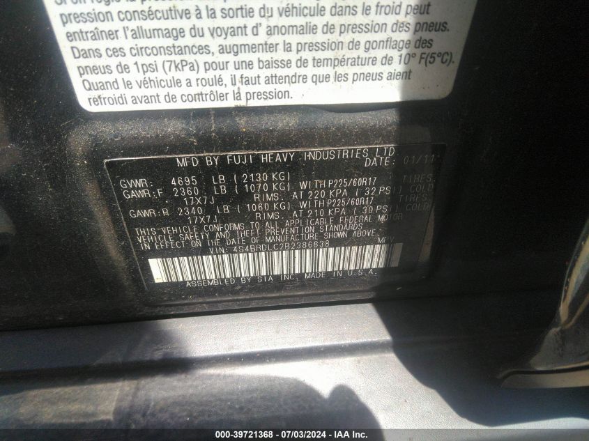 2011 Subaru Outback 3.6R Limited VIN: 4S4BRDLC2B2386838 Lot: 39721368