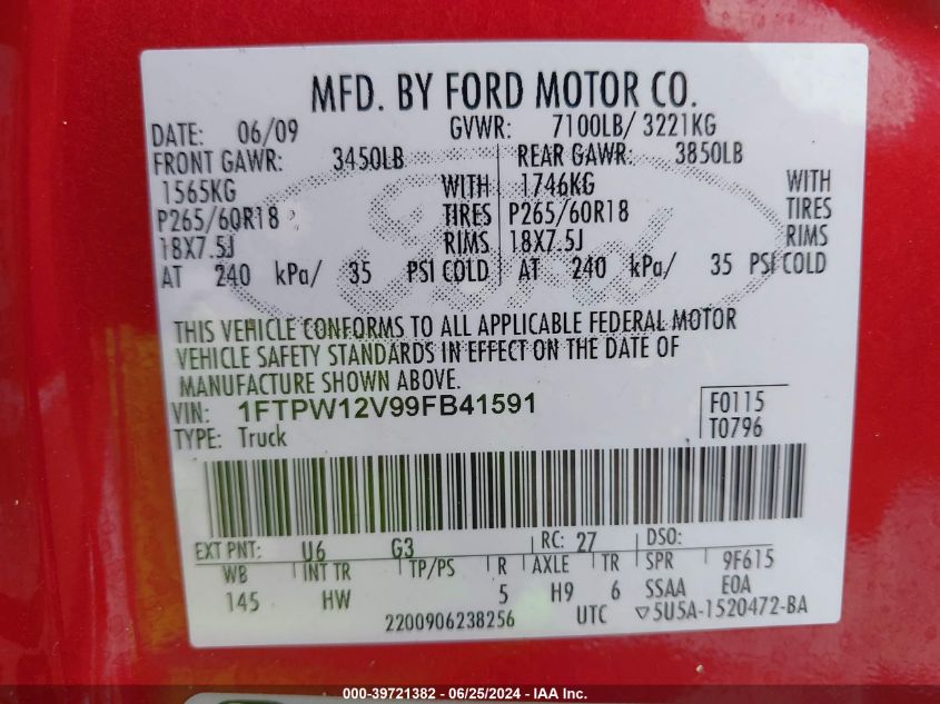 2009 Ford F-150 King Ranch/Lariat/Platinum/Xl/Xlt VIN: 1FTPW12V99FB41591 Lot: 39721382