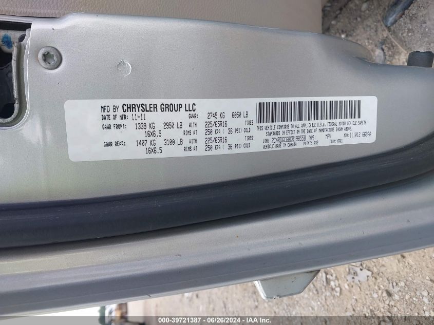 2012 Dodge Grand Caravan Sxt VIN: 2C4RDGCG8CR198558 Lot: 39721387