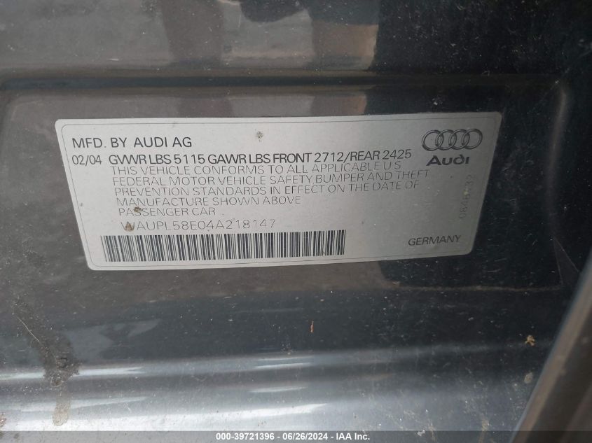 2004 Audi S4 4.2 VIN: WAUPL58E04A218147 Lot: 39721396