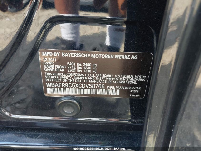 2012 BMW 550I VIN: WBAFR9C5XCDV58766 Lot: 39721399