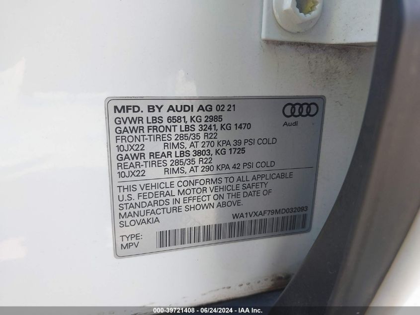 2021 Audi Q7 Prestige 55 Tfsi Quattro Tiptronic VIN: WA1VXAF79MD032093 Lot: 39721408