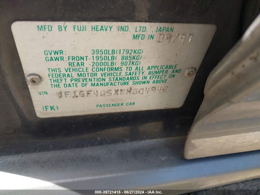 1998 Subaru Impreza Outback VIN: JF1GF485XWH804942 Lot: 39721415