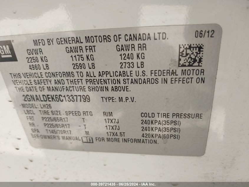 2012 Chevrolet Equinox 1Lt VIN: 2GNALDEK6C1337799 Lot: 39721435