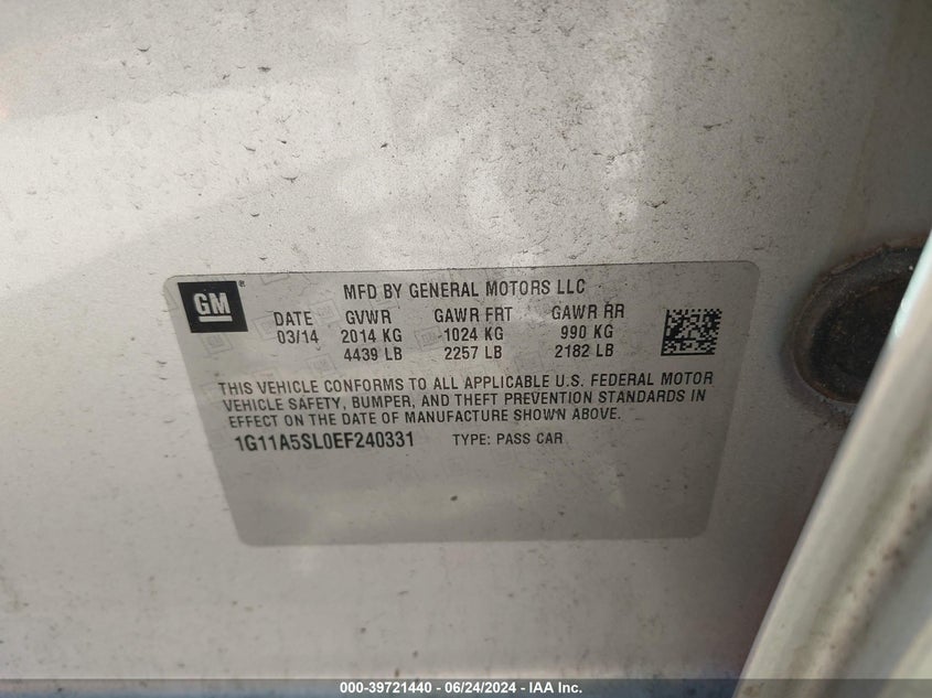 2014 Chevrolet Malibu 1Fl VIN: 1G11A5SL0EF240331 Lot: 39721440