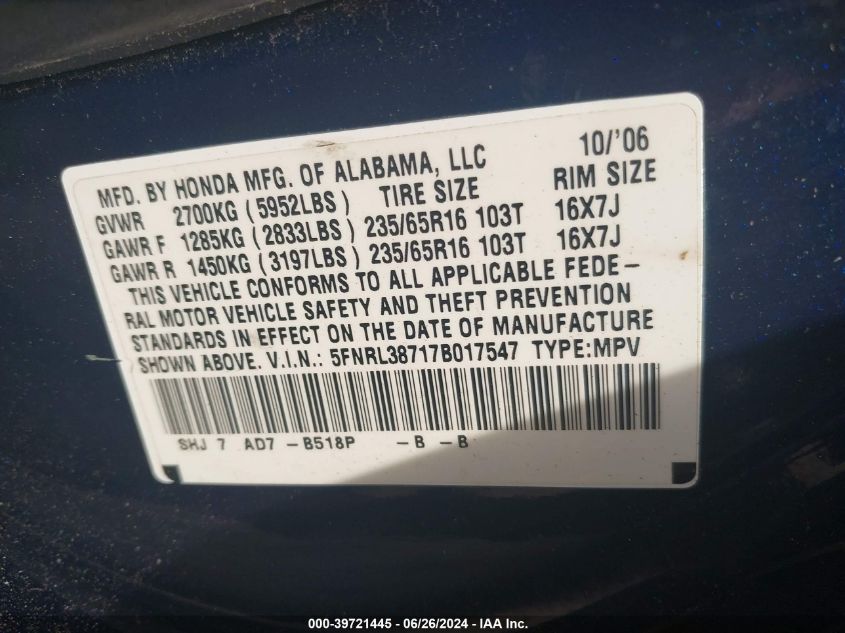 2007 Honda Odyssey Ex-L VIN: 5FNRL38717B017547 Lot: 39721445