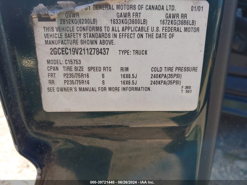 2001 Chevrolet Silverado 1500 C1500 VIN: 2GCEC19V211278437 Lot: 39721448