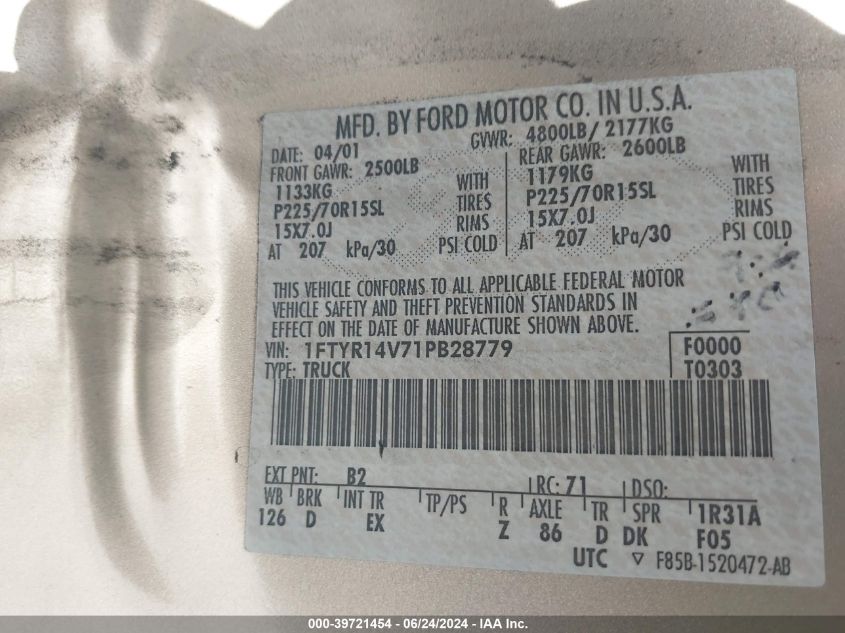 2001 Ford Ranger Edge/Xl/Xlt VIN: 1FTYR14V71PB28779 Lot: 39721454