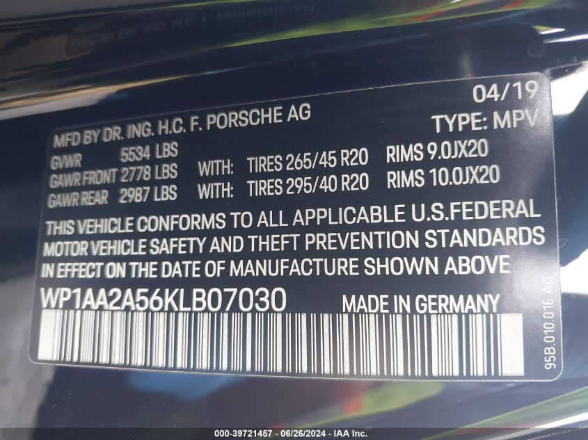 2019 Porsche Macan VIN: WP1AA2A56KLB07030 Lot: 39721457