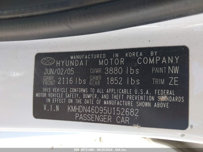 2005 Hyundai Elantra Gls/Gt VIN: KMHDN46D95U152682 Lot: 39721460