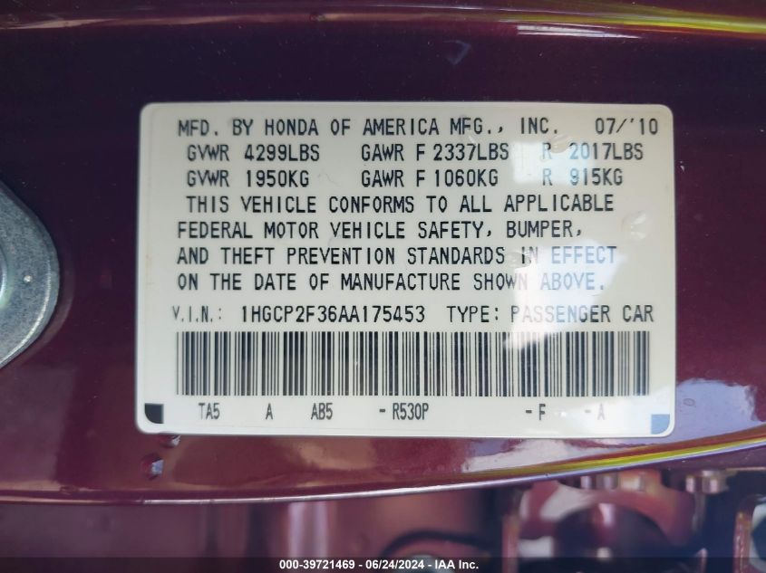 2010 Honda Accord 2.4 Lx VIN: 1HGCP2F36AA175453 Lot: 39721469