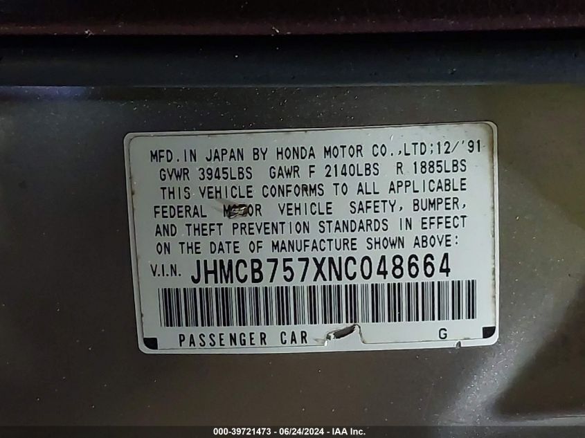1992 Honda Accord Ex/Ex-R VIN: JHMCB757XNC048664 Lot: 39721473