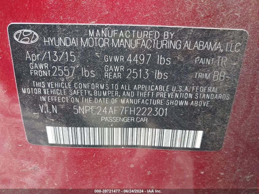 2015 Hyundai Sonata Se VIN: 5NPE24AF7FH222301 Lot: 39721477