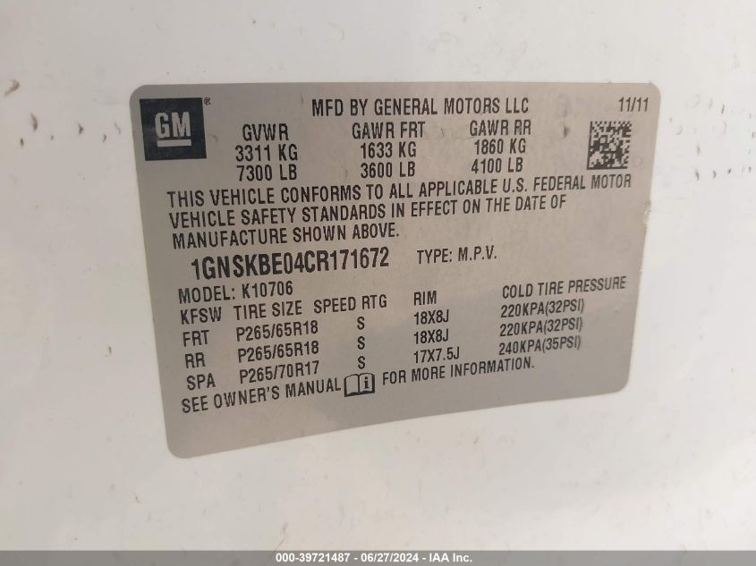 2012 Chevrolet Tahoe Lt VIN: 1GNSKBE04CR171672 Lot: 39721487