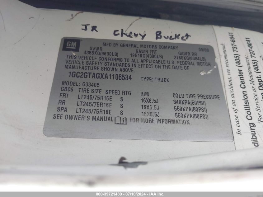 2010 Chevrolet Express 3500 Work Van VIN: 1GC2GTAGXA1106534 Lot: 39721489