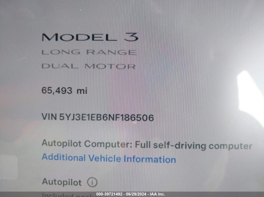 2022 Tesla Model 3 Long Range Dual Motor All-Wheel Drive VIN: 5YJ3E1EB6NF186506 Lot: 39721492