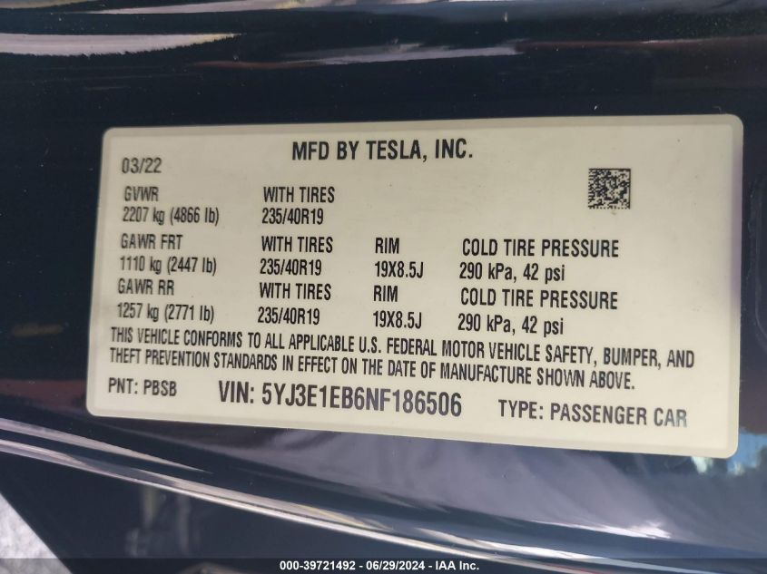 2022 Tesla Model 3 Long Range Dual Motor All-Wheel Drive VIN: 5YJ3E1EB6NF186506 Lot: 39721492