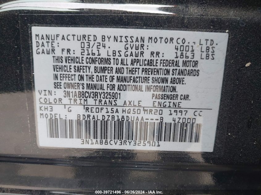 2024 Nissan Sentra Sv Xtronic Cvt VIN: 3N1AB8CV3RY325901 Lot: 39721496