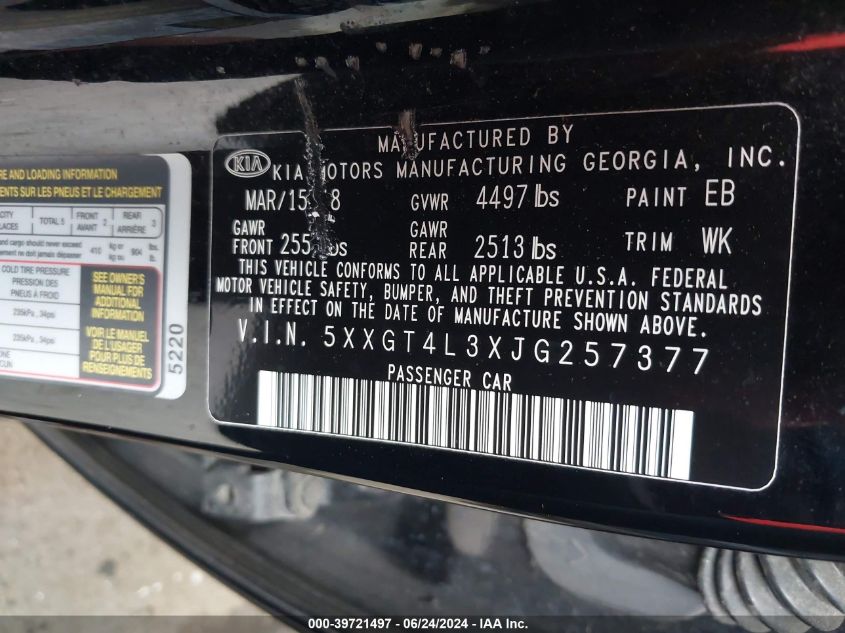 2018 Kia Optima Lx VIN: 5XXGT4L3XJG257377 Lot: 39721497