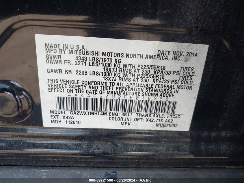 2015 Mitsubishi Outlander Sport Es VIN: 4A4AP3AU2FE018068 Lot: 39721500