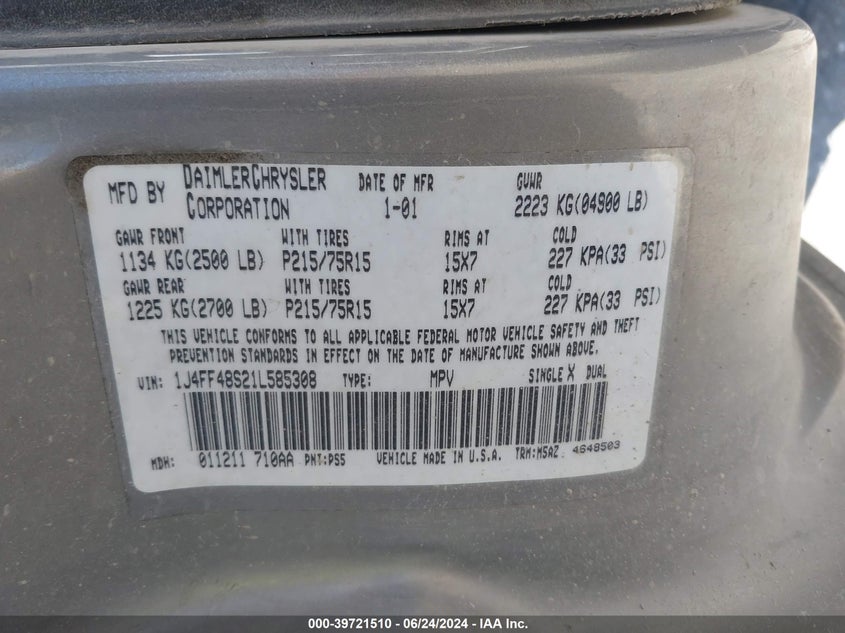 2001 Jeep Cherokee Sport VIN: 1J4FF48S21L585308 Lot: 39721510