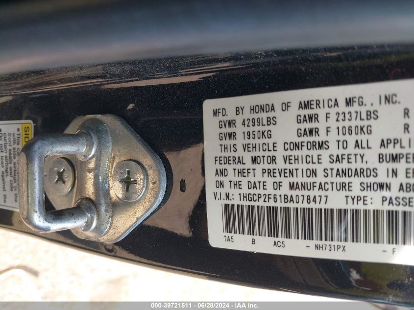 2011 Honda Accord Se VIN: 1HGCP2F61BA078477 Lot: 39721511