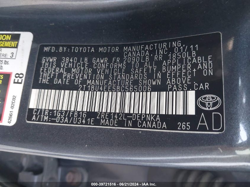 2011 Toyota Corolla Le VIN: 2T1BU4EE5BC565006 Lot: 39721516