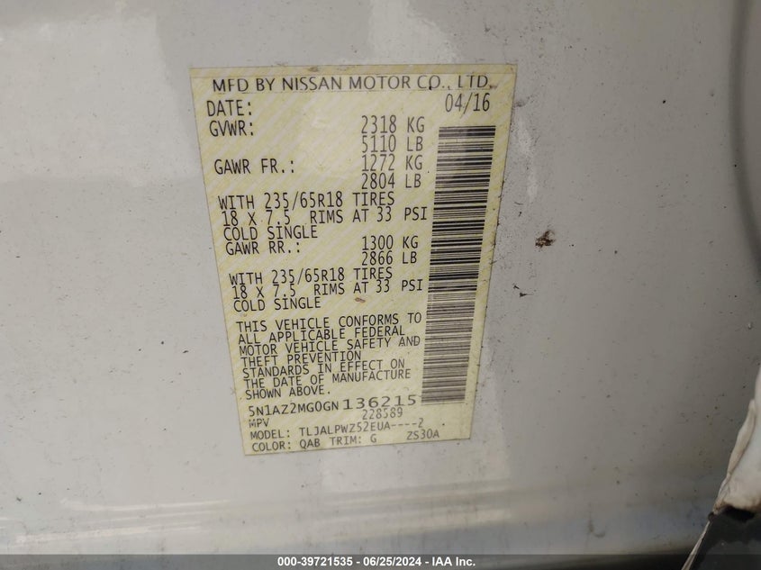 2016 Nissan Murano S VIN: 5N1AZ2MG0GN136215 Lot: 39721535