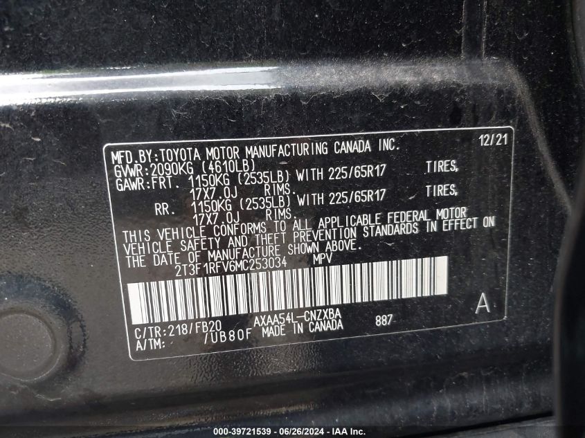 2021 Toyota Rav4 Le VIN: 2T3F1RFV6MC253034 Lot: 39721539