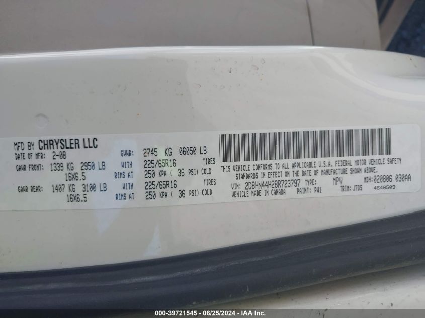 2008 Dodge Grand Caravan Se VIN: 2D8HN44H28R723797 Lot: 39721545