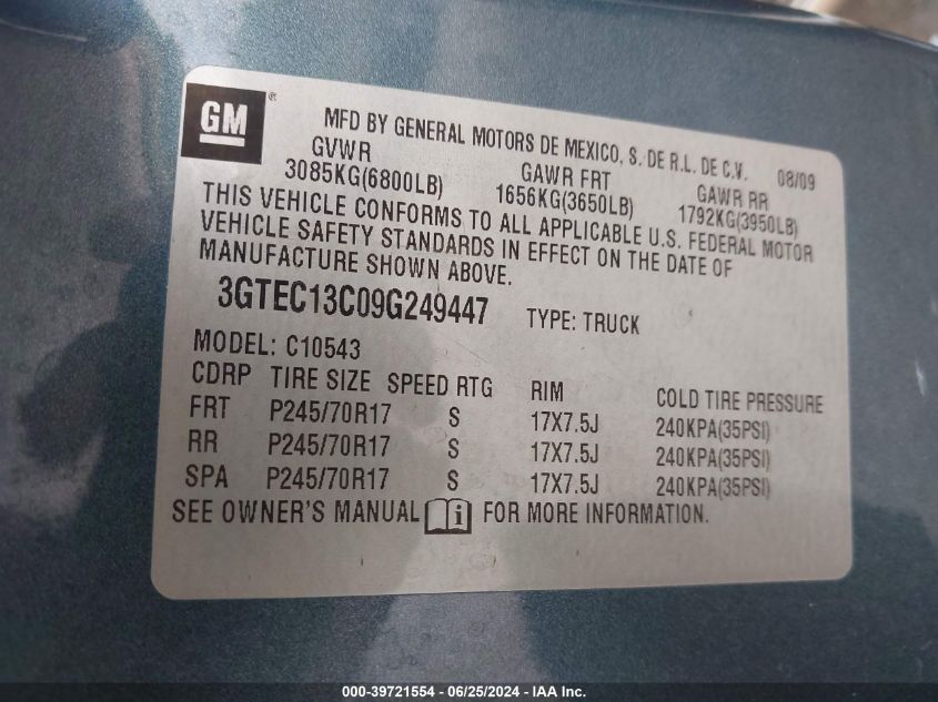 2009 GMC Sierra 1500 C1500/C1500 Sl VIN: 3GTEC13C09G249447 Lot: 39721554