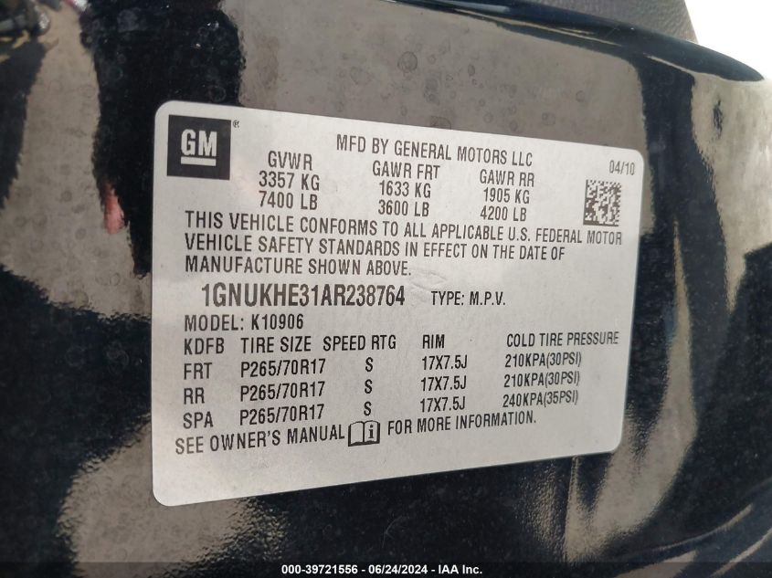 2010 Chevrolet Suburban 1500 Ls VIN: 1GNUKHE31AR238764 Lot: 39721556