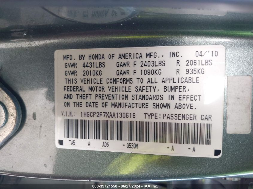2010 Honda Accord 2.4 Ex VIN: 1HGCP2F7XAA130616 Lot: 39721558